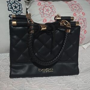 Bebe Black Quilted Satchel with Gold Accents
